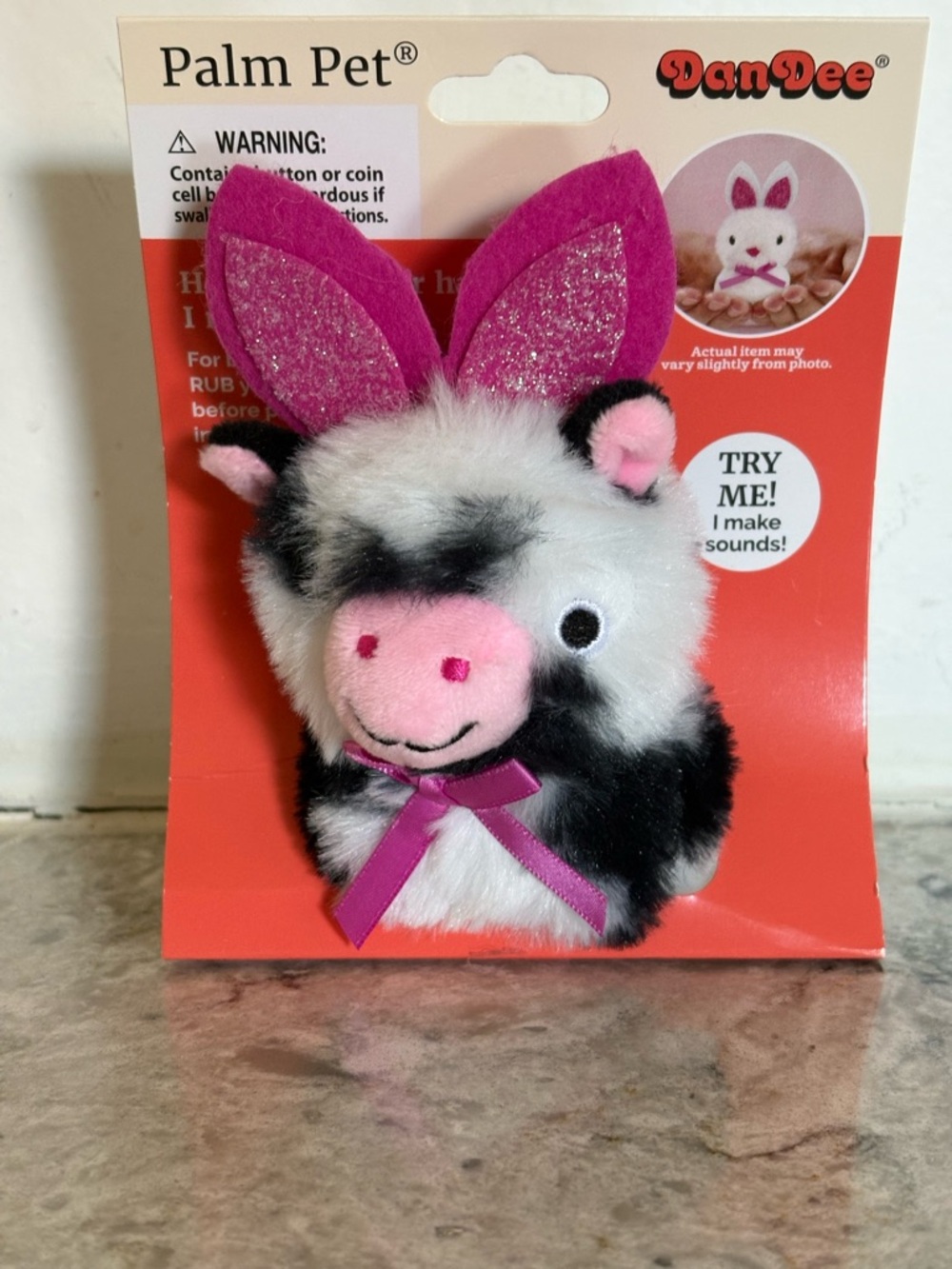 DanDee Pink & Black Plush Palm Pet Cow - Kids Toy